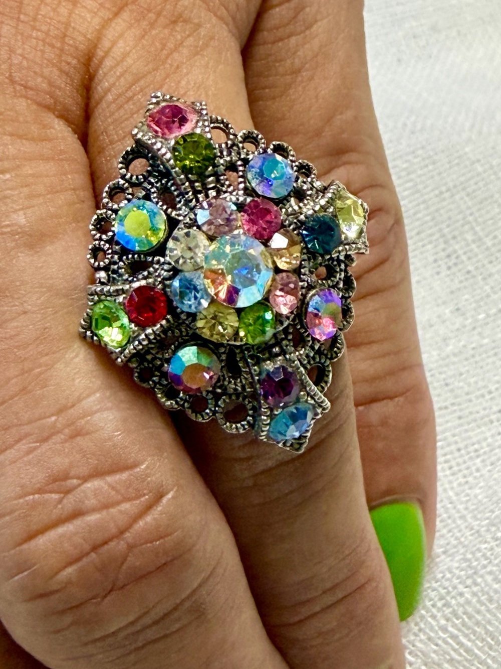 Vintage 50s  Boho MultiColor Crystal Filigree Cluster Statement Cocktail AB Ring
